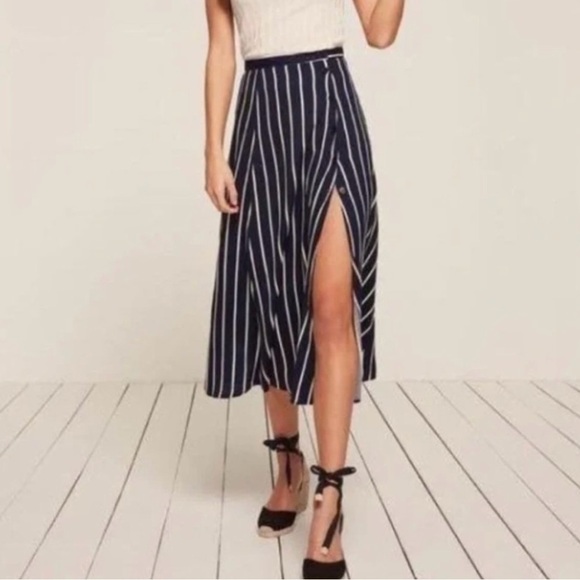 Reformation A-line Capone skirt in blue/ cream white stripes NWT - Picture 1 of 5